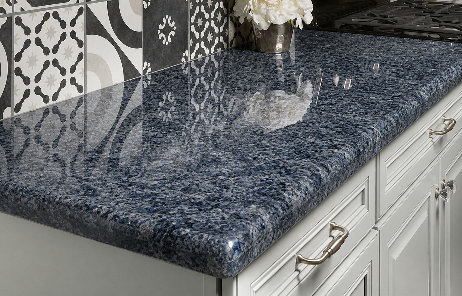 Dayton Ohio blue granite countertop edge detail with polished stone finish